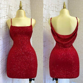 Red Sequin Sheath Strappy Mini Homecoming Dress with Built-in Bra